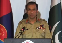 DG ISPR Lt Gen Ahmed Chaudhry addressing presser at GHQ