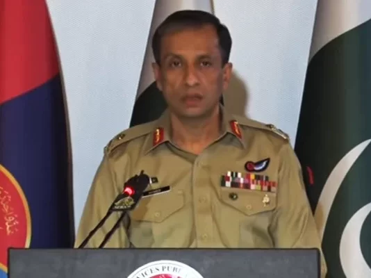 DG ISPR Lt Gen Ahmed Chaudhry addressing presser at GHQ