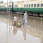 SUKKUR: A view of accumulated rain water at Sukkur Railway Station. INP PHOTO